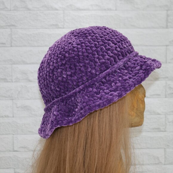HAND CRAFTED Crochet Bucket Hat Grape Floppy Chenille Boho Wide Brim Bow Purple - Picture 3 of 10